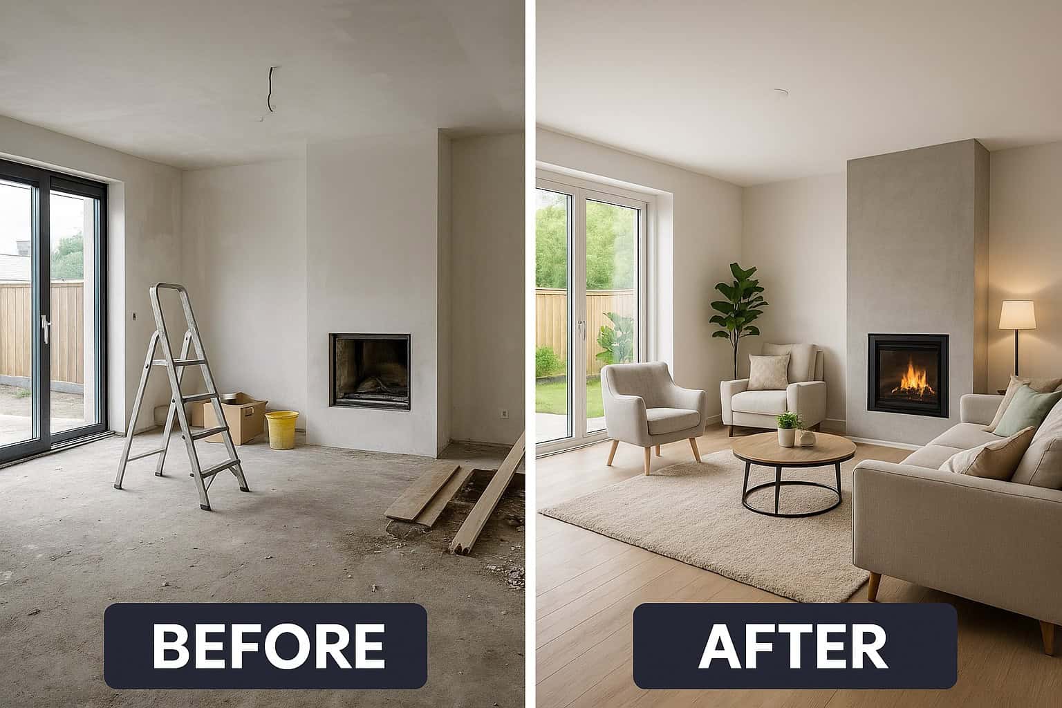 Before and after construction cleaning comparison photo